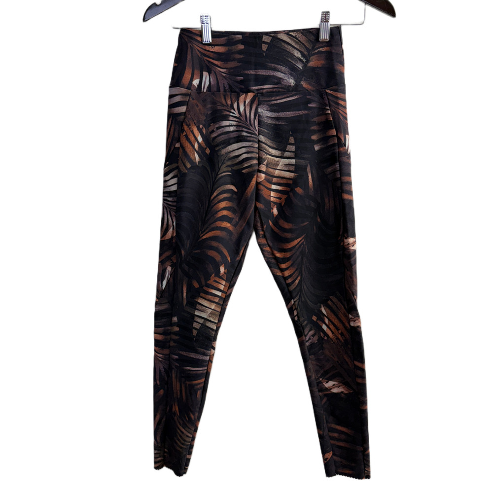 OYSHO Leggings Womens Medium Black Multi Palm Print Tropical Scalloped Gym Train